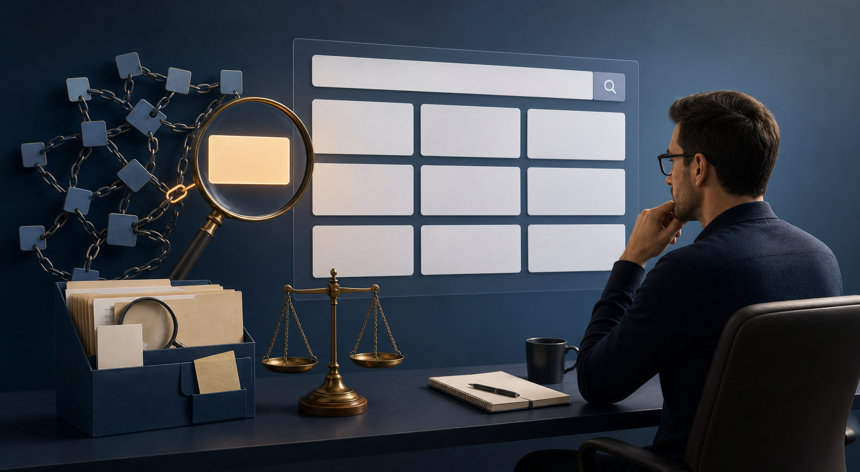 An analyst examines blank search-result cards, a tangled link cluster, an evidence folder, and a balanced scale.