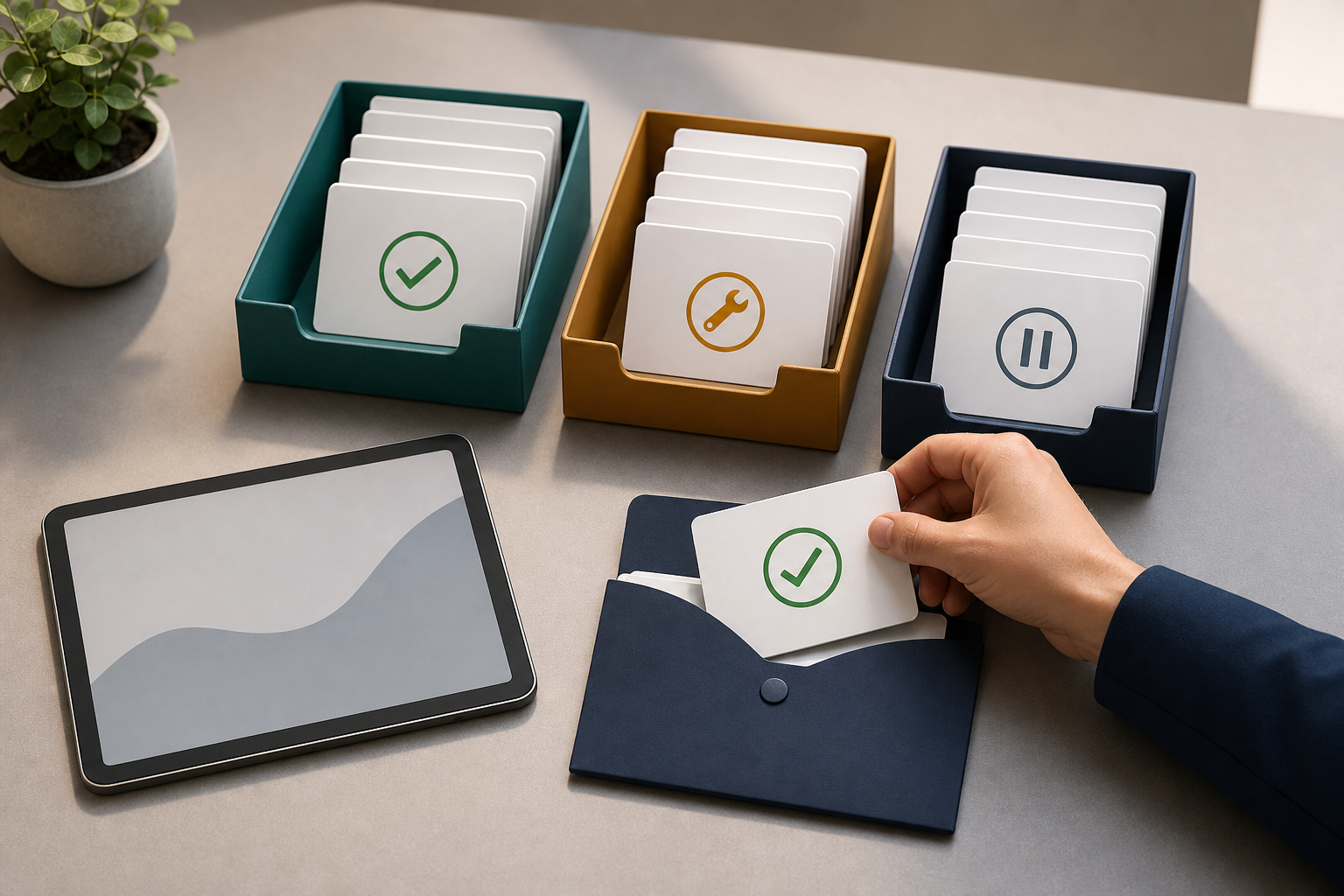 A hand sorts generic ad cards by readiness and places only corrected cards into a compact review batch.