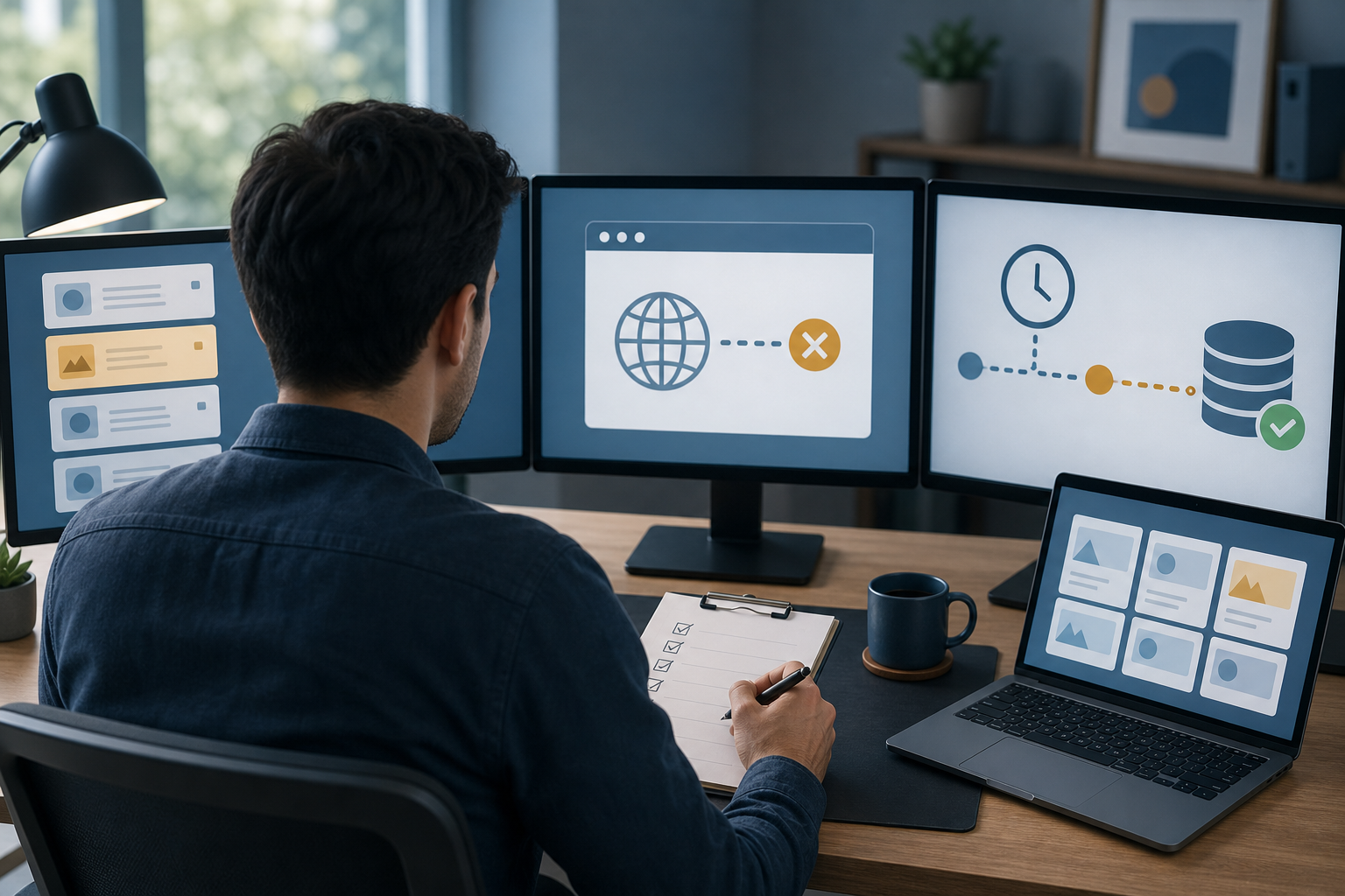 An analyst compares generic search results, a browser checkpoint, network status, timing, and database indicators at a workstation.
