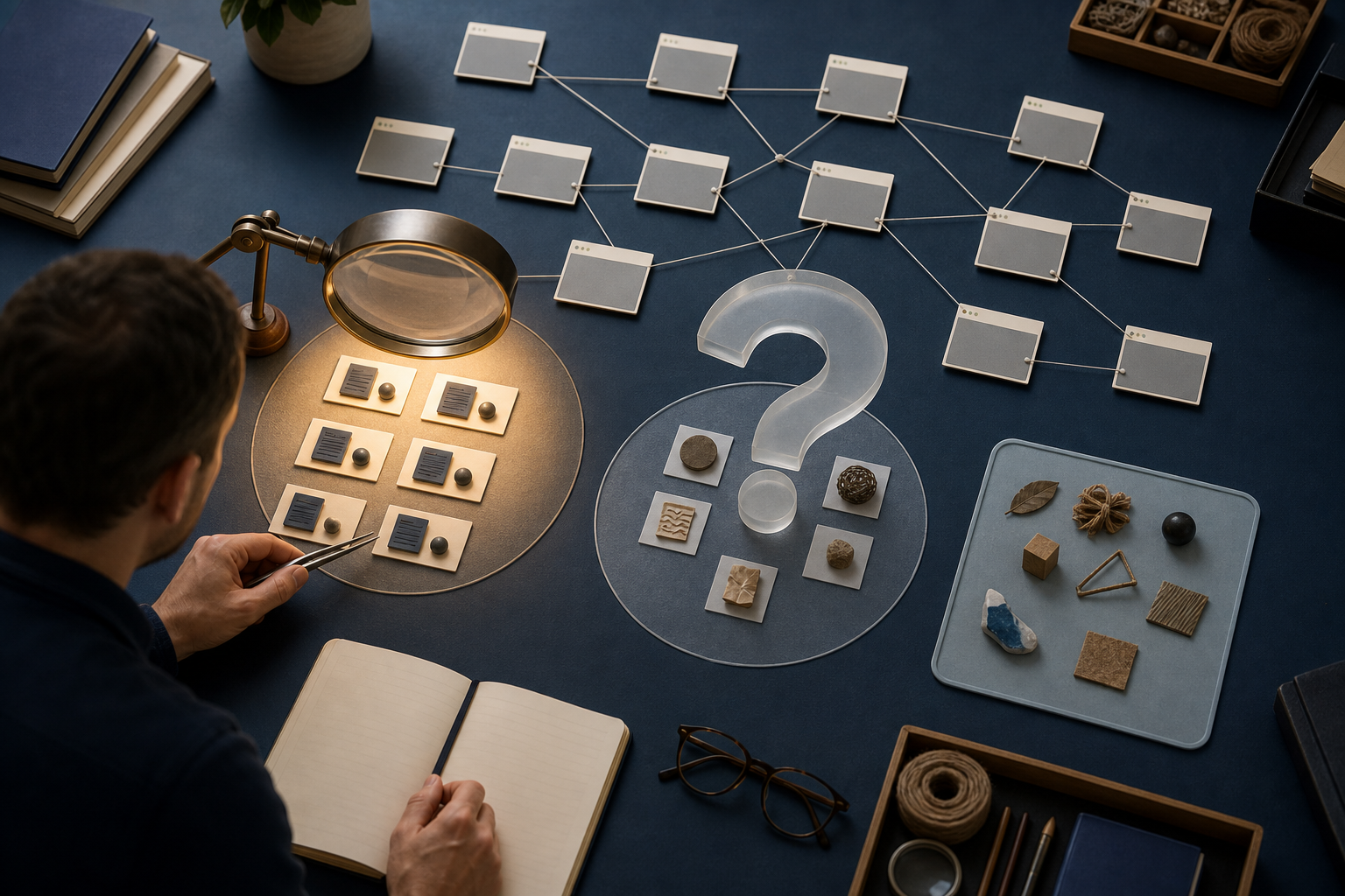 An investigator sorts blank webpage tiles and other clues while a magnifying lens illuminates a repeated suspicious pattern.