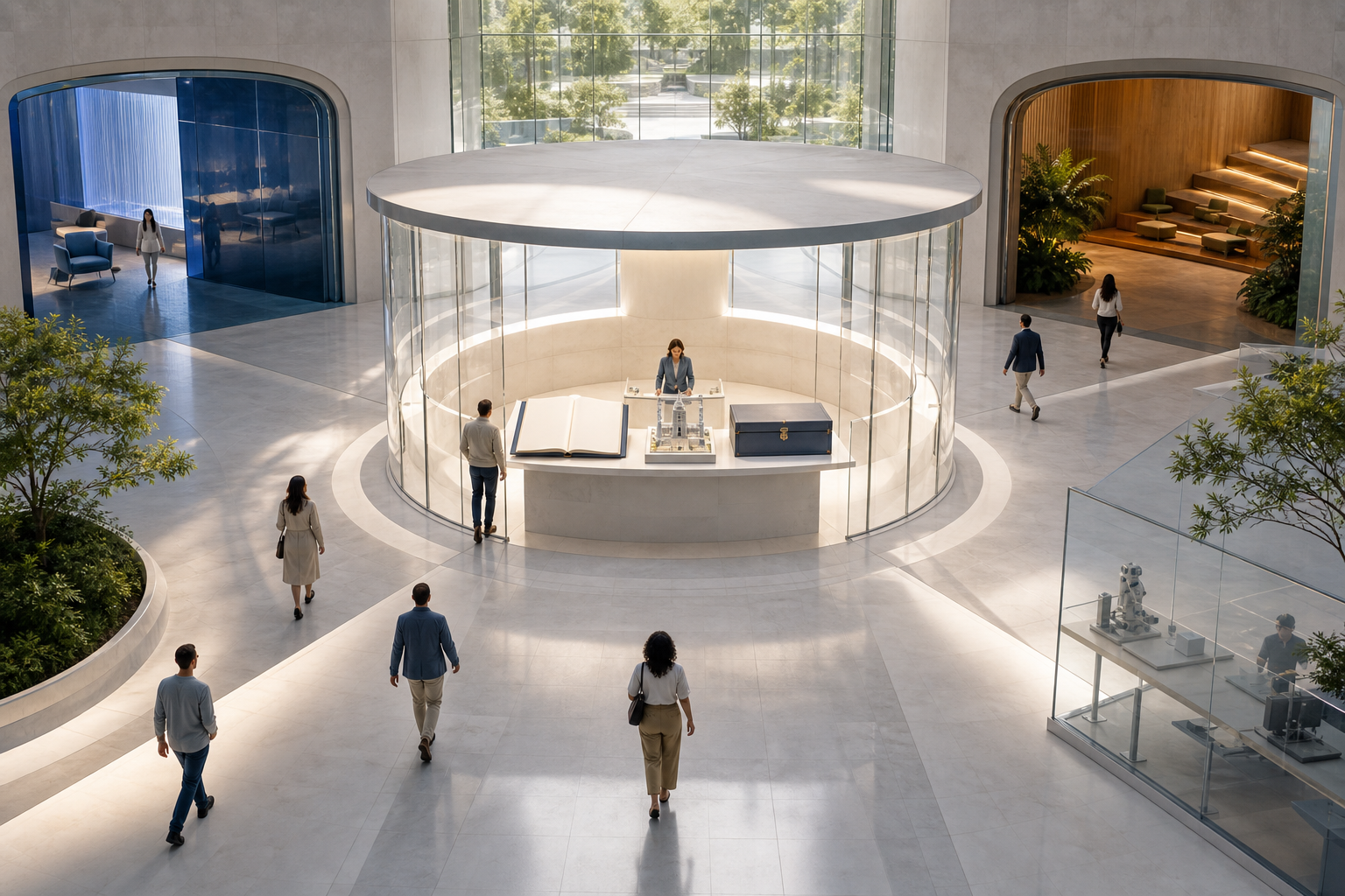 A central glass pavilion displays evidence objects and routes visitors along short paths to several destinations.