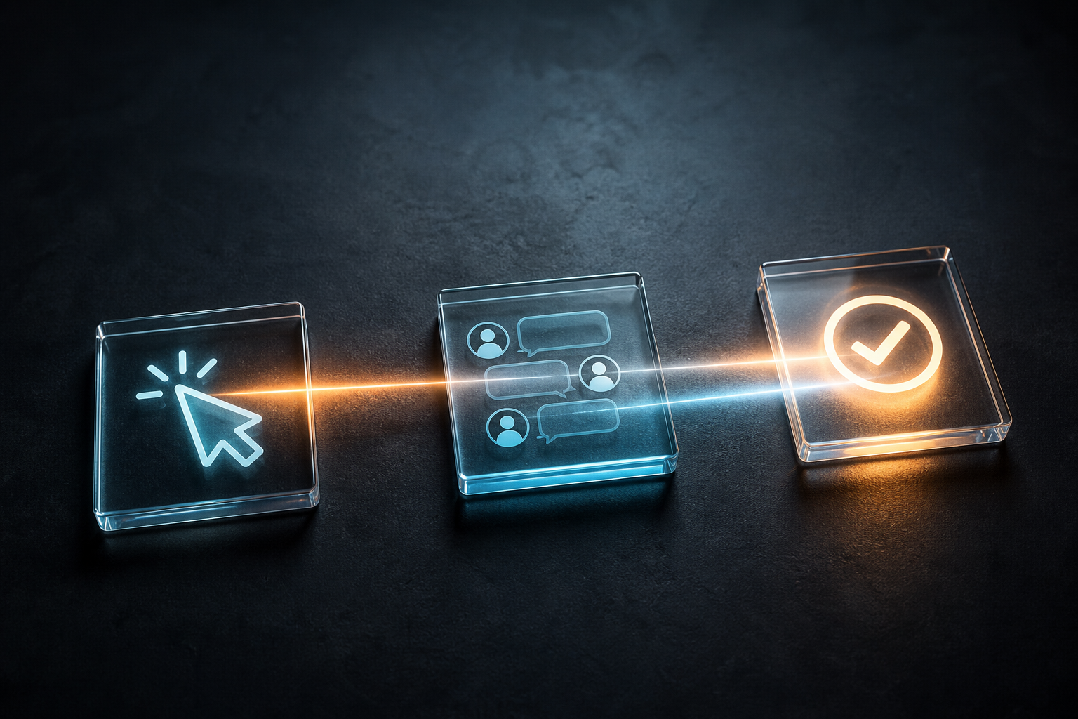 Three glass interface tiles show a search click, an online discussion, and a conversion connected by visible and hidden light paths.