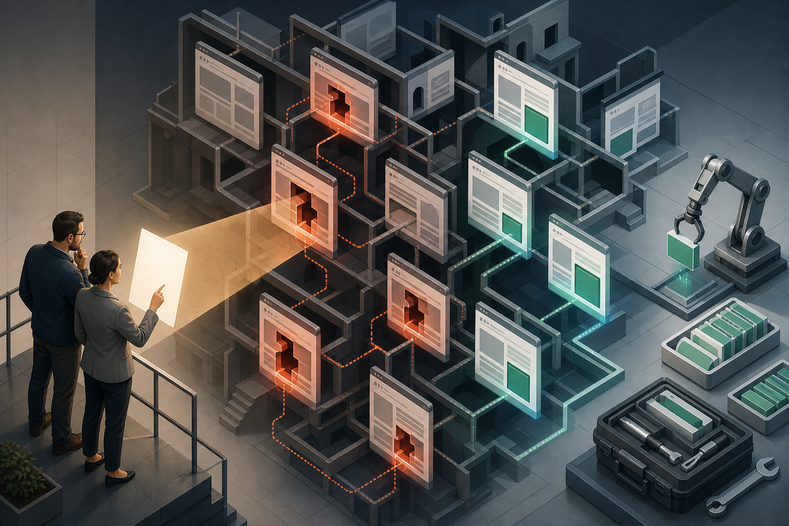 A site owner and auditor trace one blank report slip to repeated defects across interconnected webpage panels and repair the wider pattern.