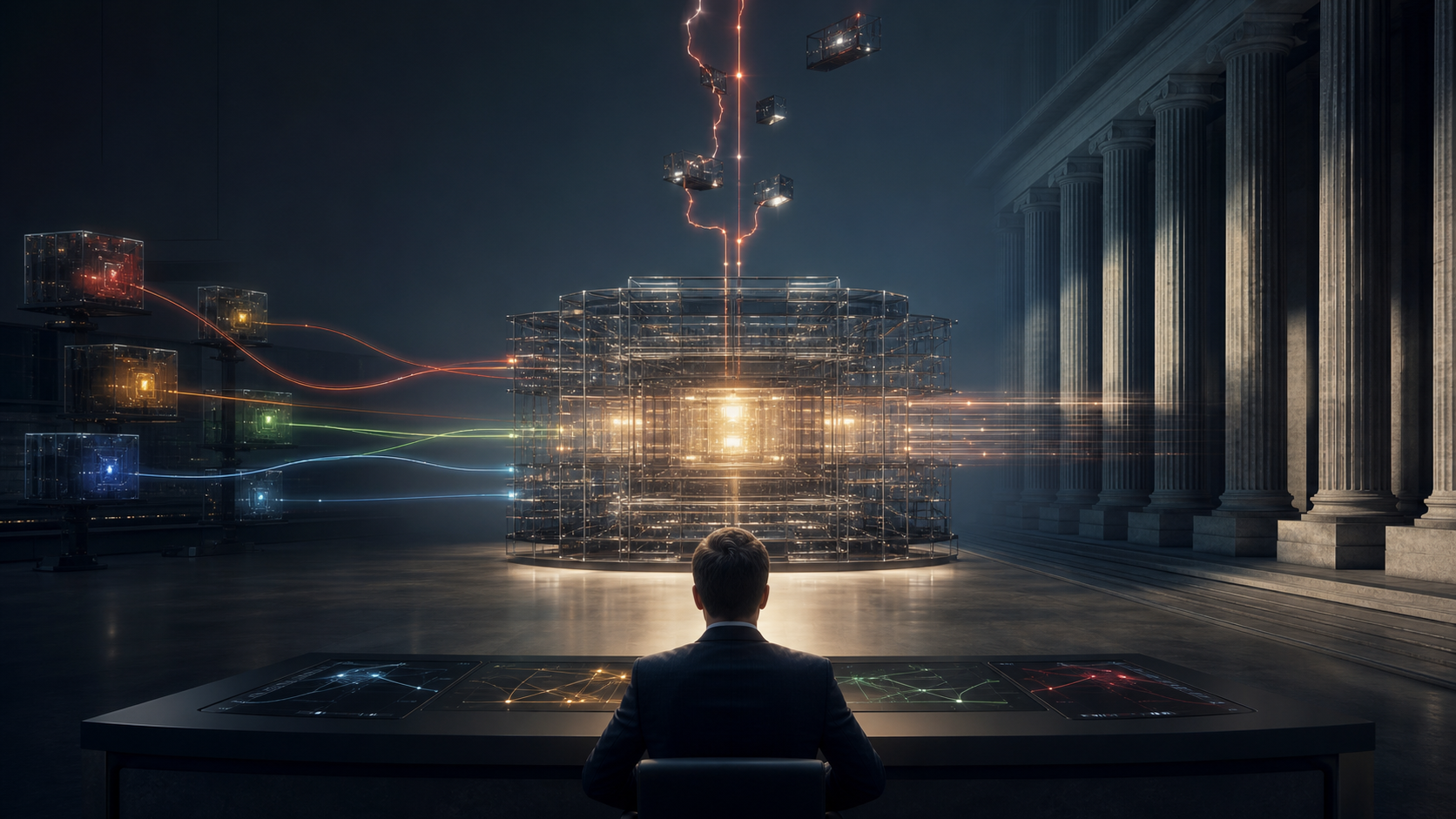 A marketer faces a glowing central advertising hub as competing channels, a disrupted signal and courthouse columns press in from three directions.