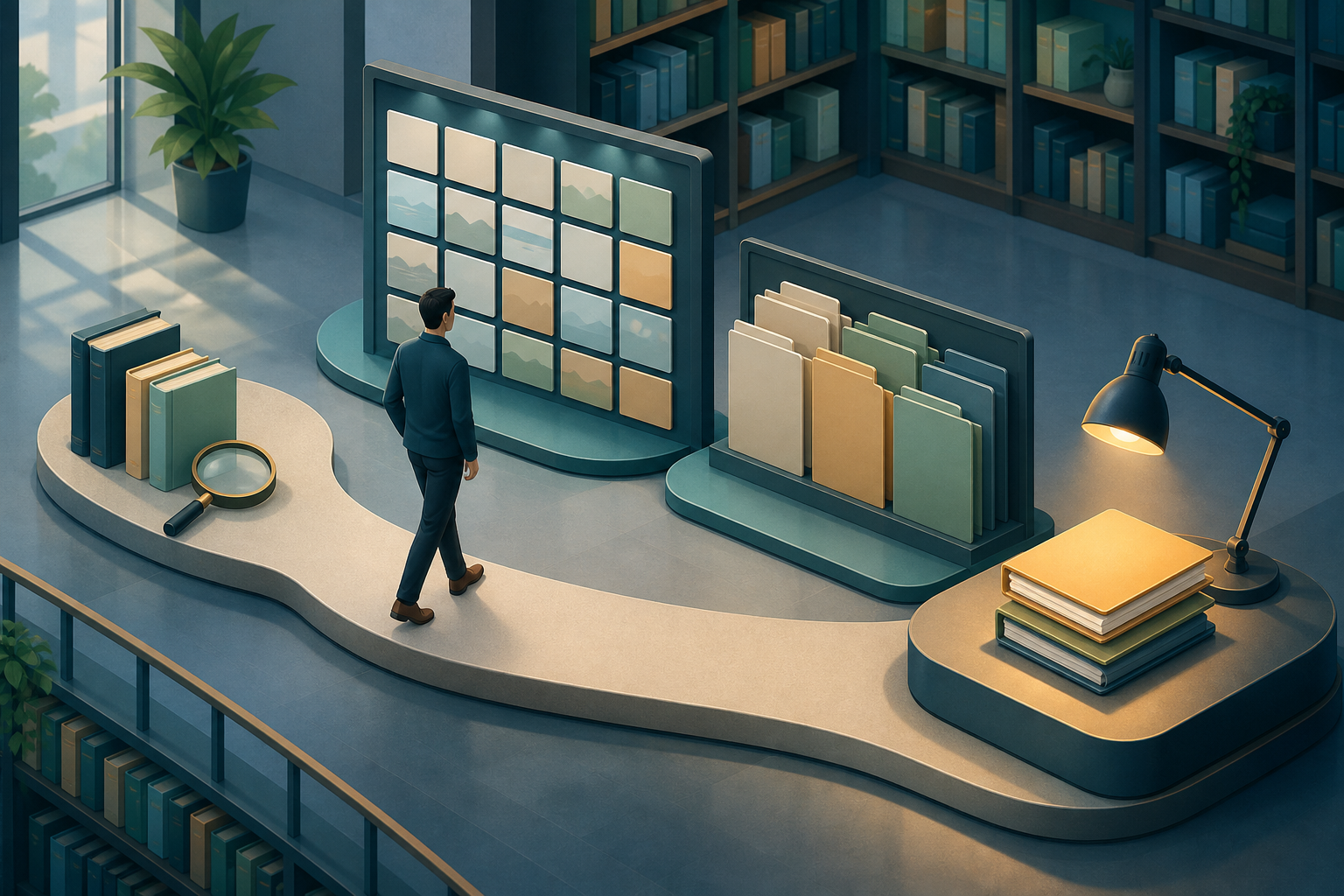 A researcher moves through four workstations for learning, discovery, profile comparison, and focused franchise evaluation.