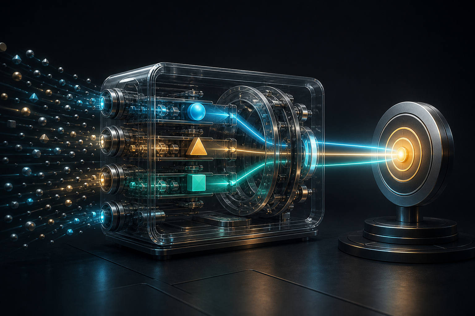 Abstract advertising signals and business outcome tokens pass through a transparent automated bidding engine toward a target.