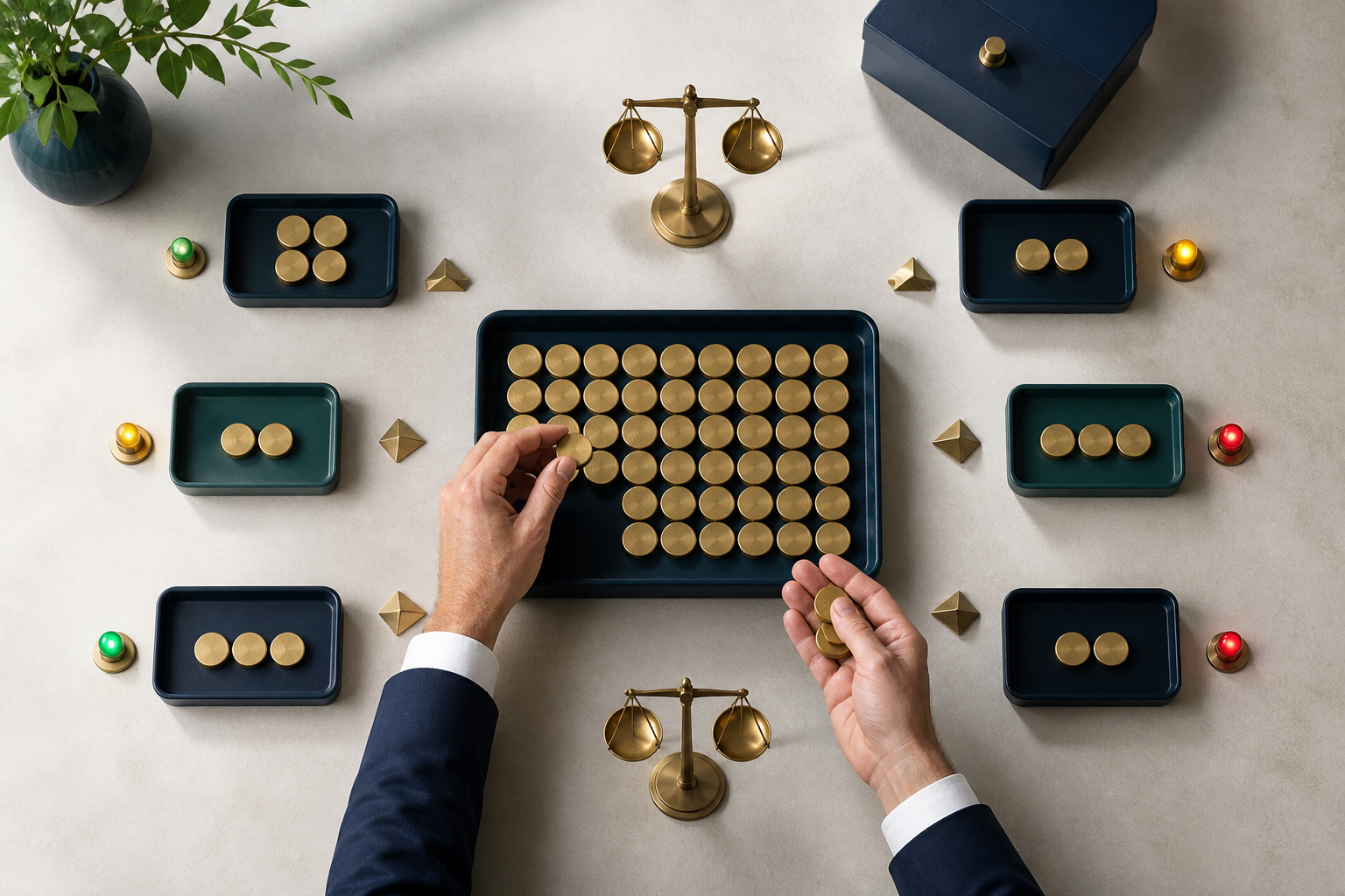 Hands distribute metallic budget tokens between one large central channel tray and several smaller test channels on a strategy table.