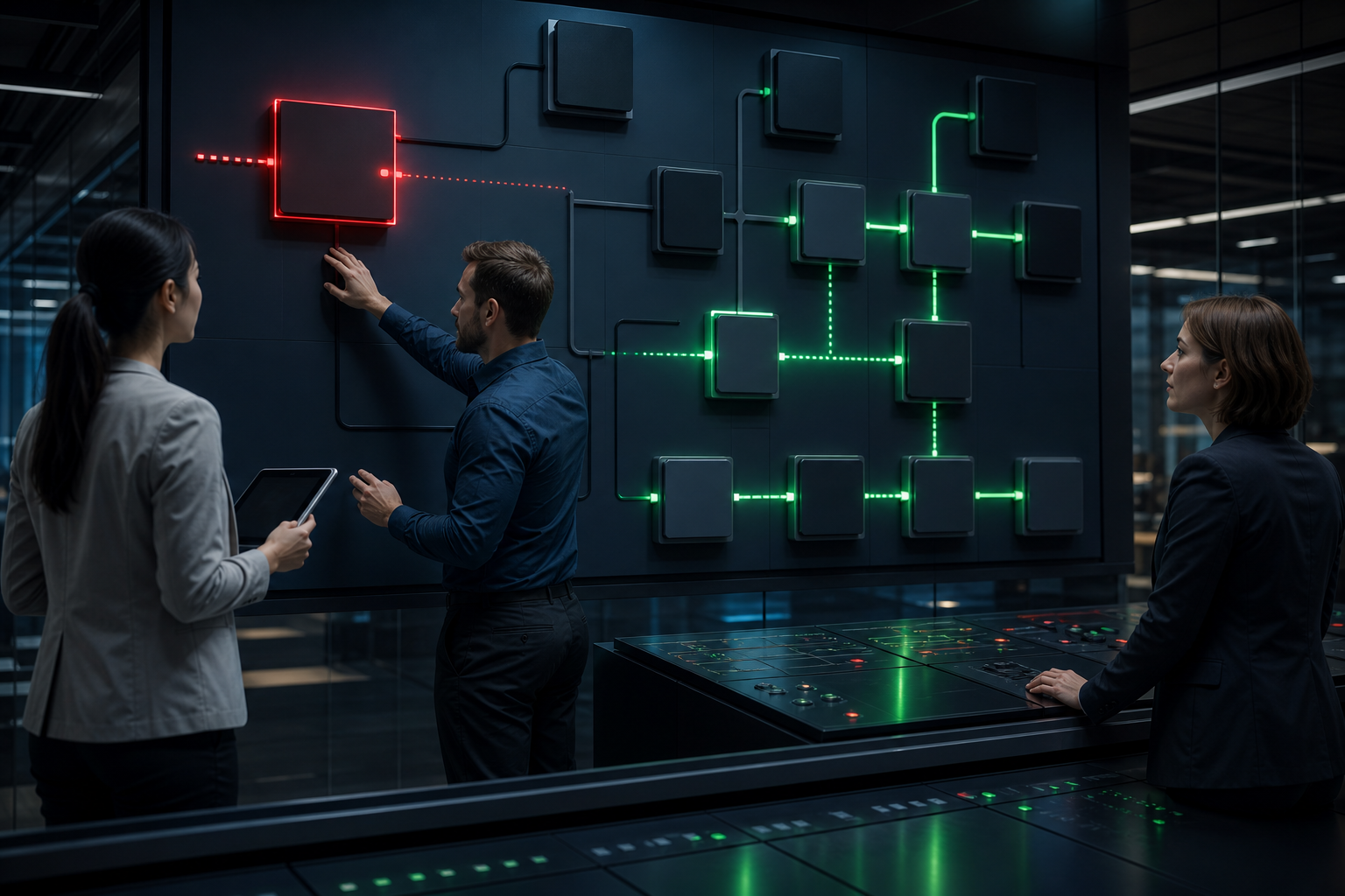 A marketing operations team calmly activates a prepared backup route after one campaign module turns red and disconnects.