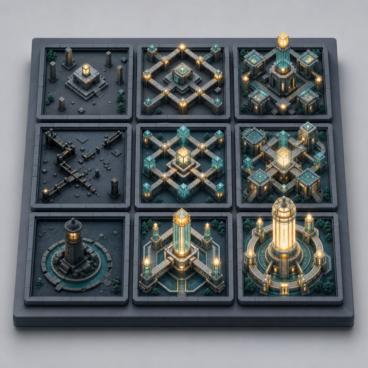 An isometric square platform contains nine visual audit chambers, including illuminated strengths and a few disconnected or dim weaknesses.