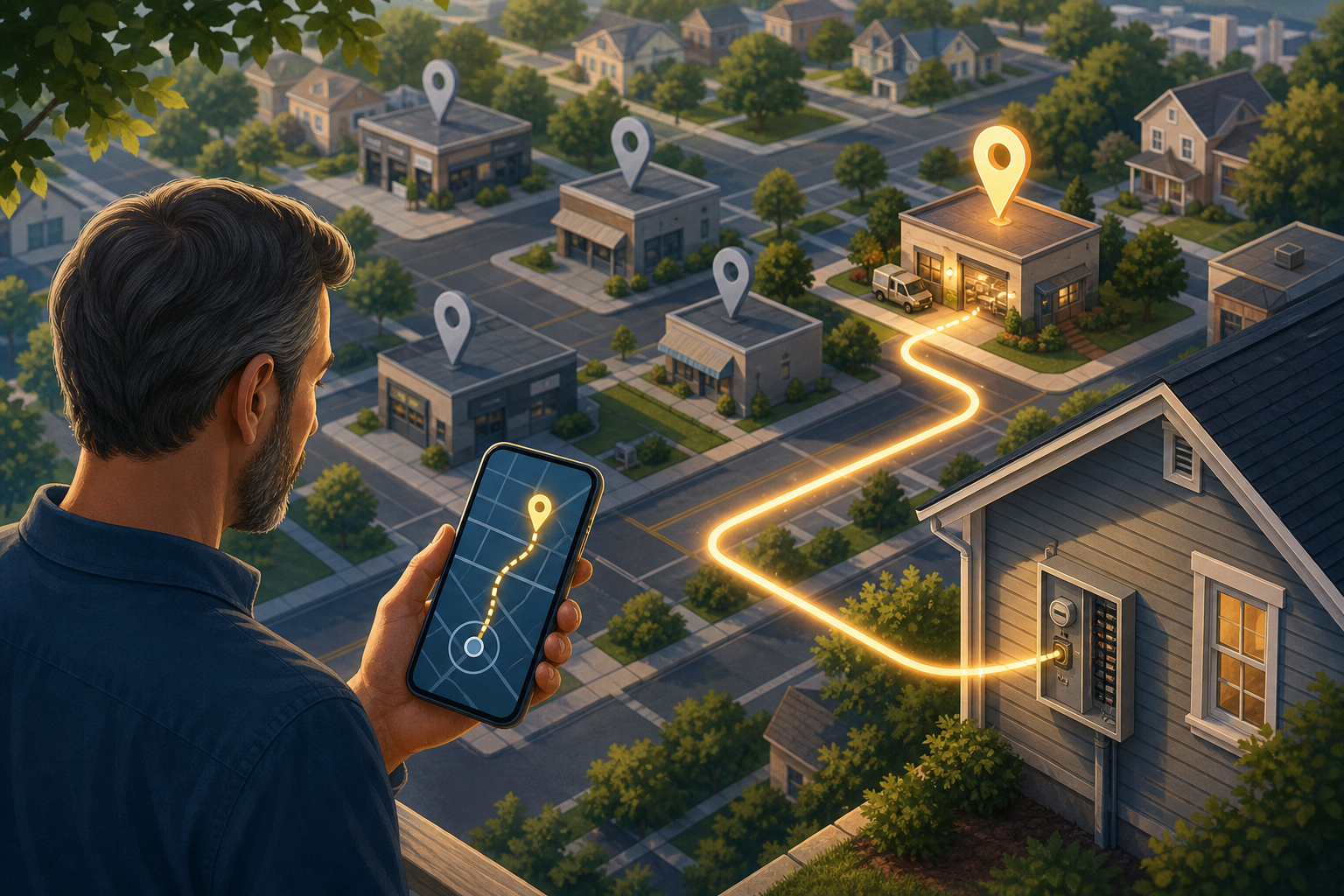 A homeowner viewing an abstract neighborhood map on a phone, with a highlighted route leading from an older house to a relevant local service business.