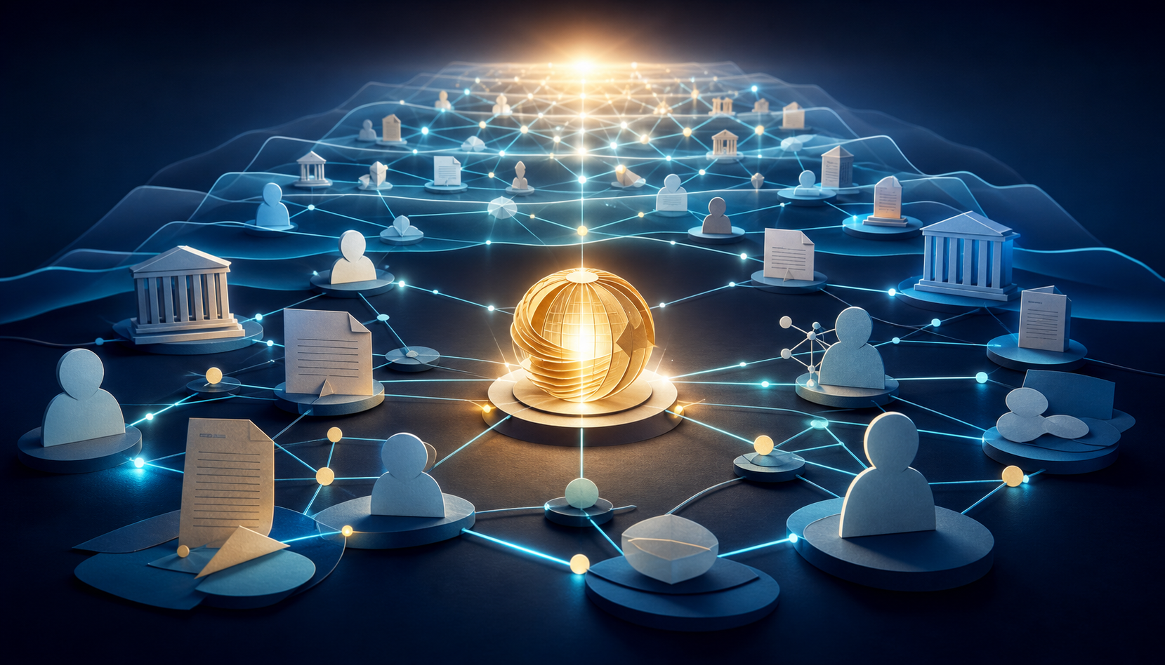 A luminous central object gains stronger connections to institutions, documents, experts, and reference nodes across repeated layers of time.