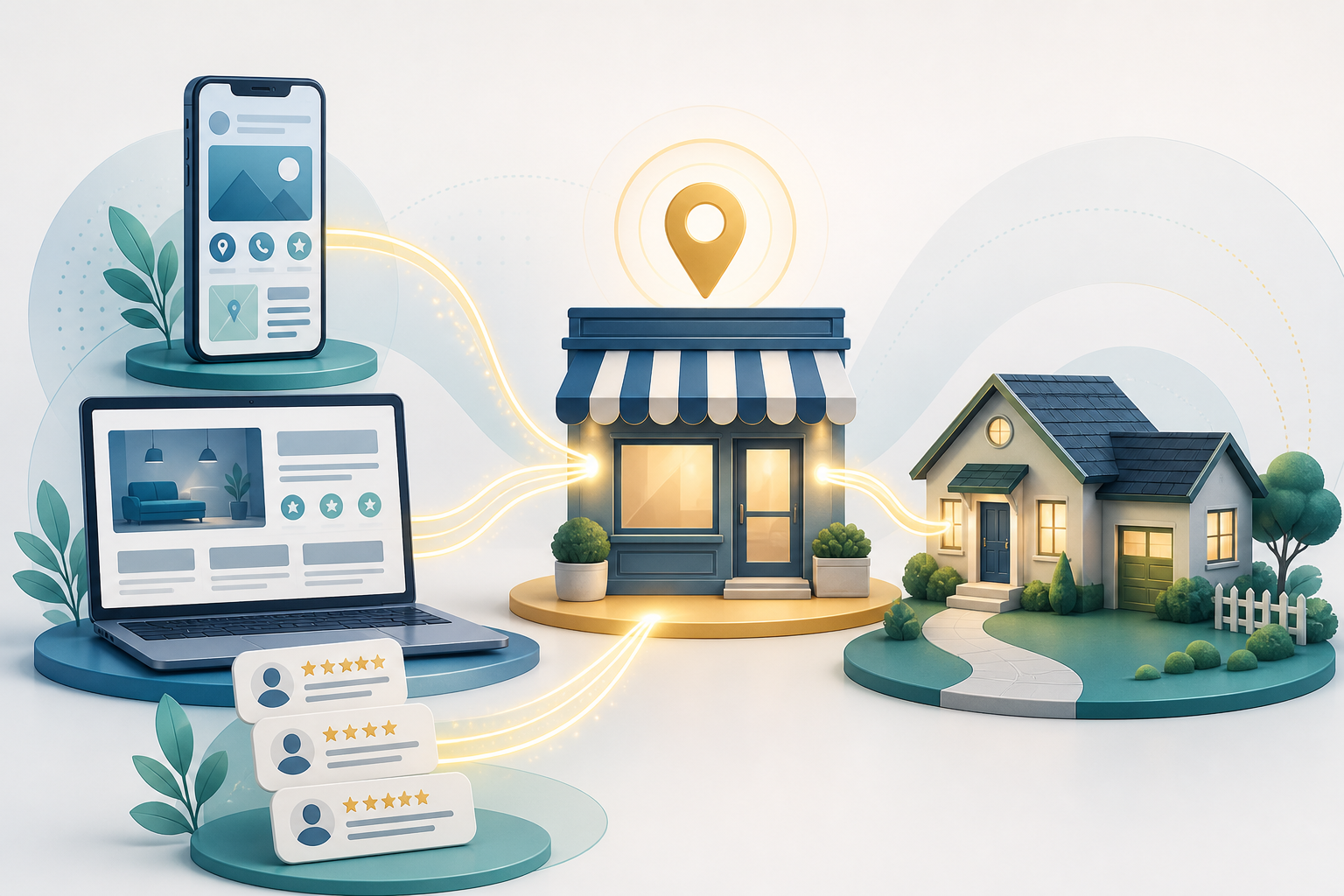 An abstract business profile, service website, and customer review cards connected by glowing lines to a local storefront and a customer's home.