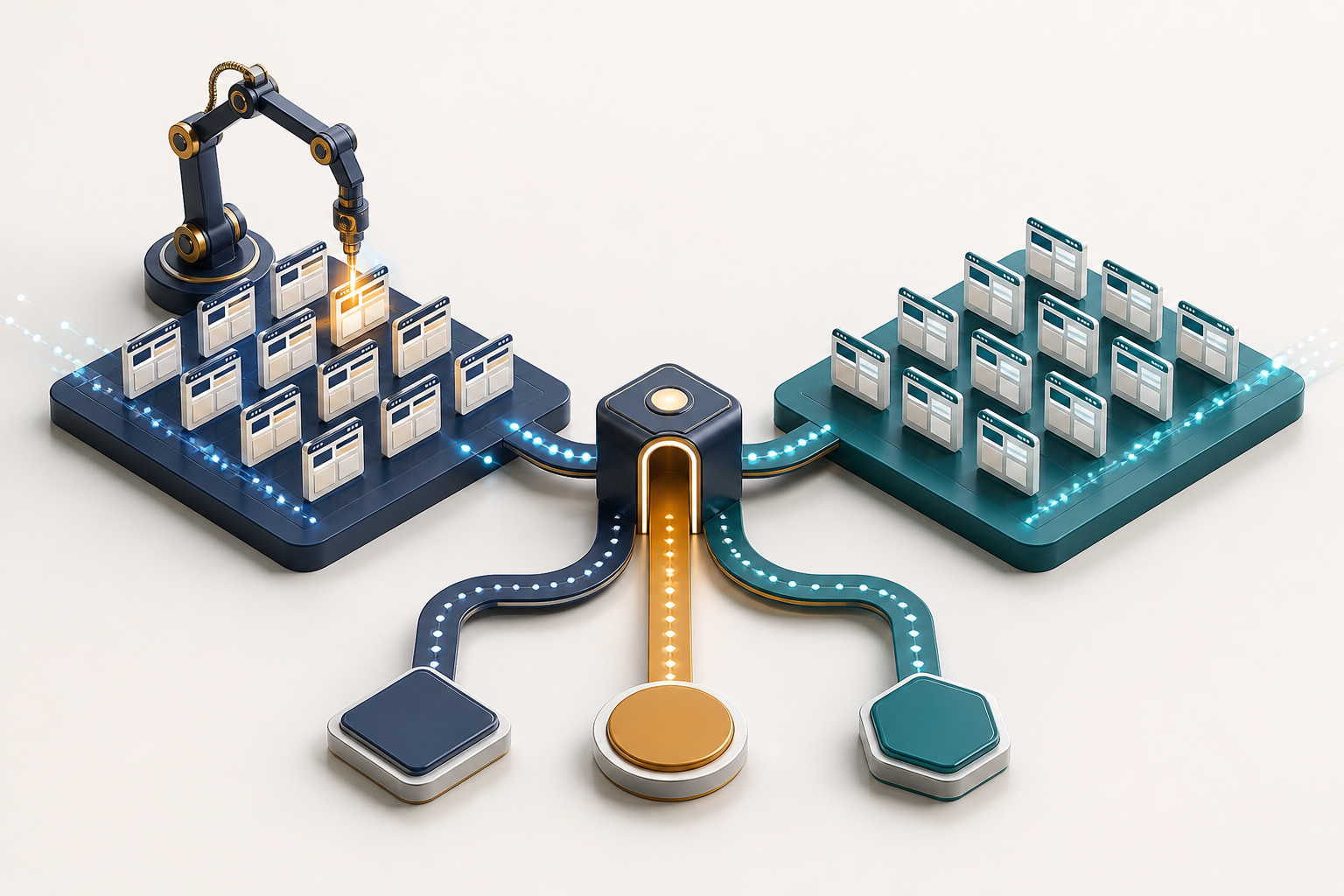 An isometric testing field divides identical web-page tiles into treated and untreated groups, with a calibration arm changing one group and an unlabelled three-way decision gate in front.