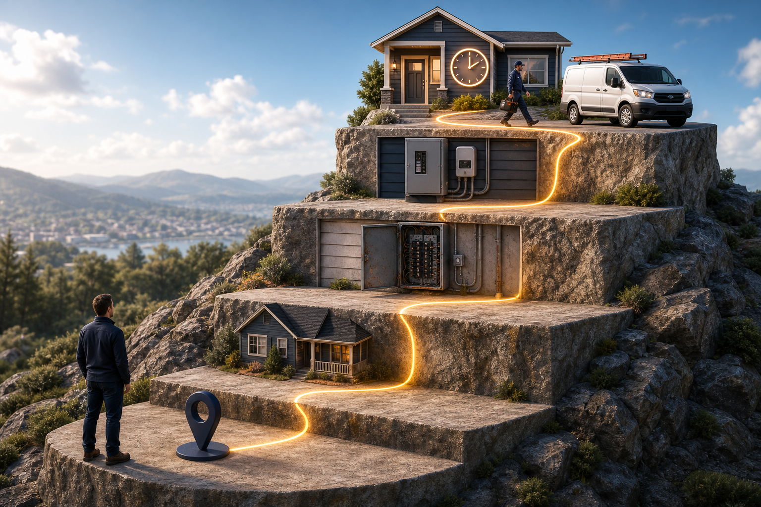 A person follows a glowing path up five platforms marked by progressively more specific home-service symbols toward a contractor van.