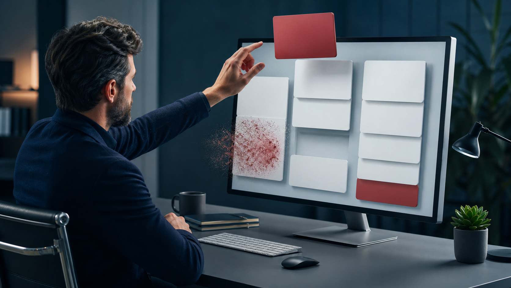 A reputation analyst views blank search-result cards splitting into paths for source deletion, search removal, and lower ranking.