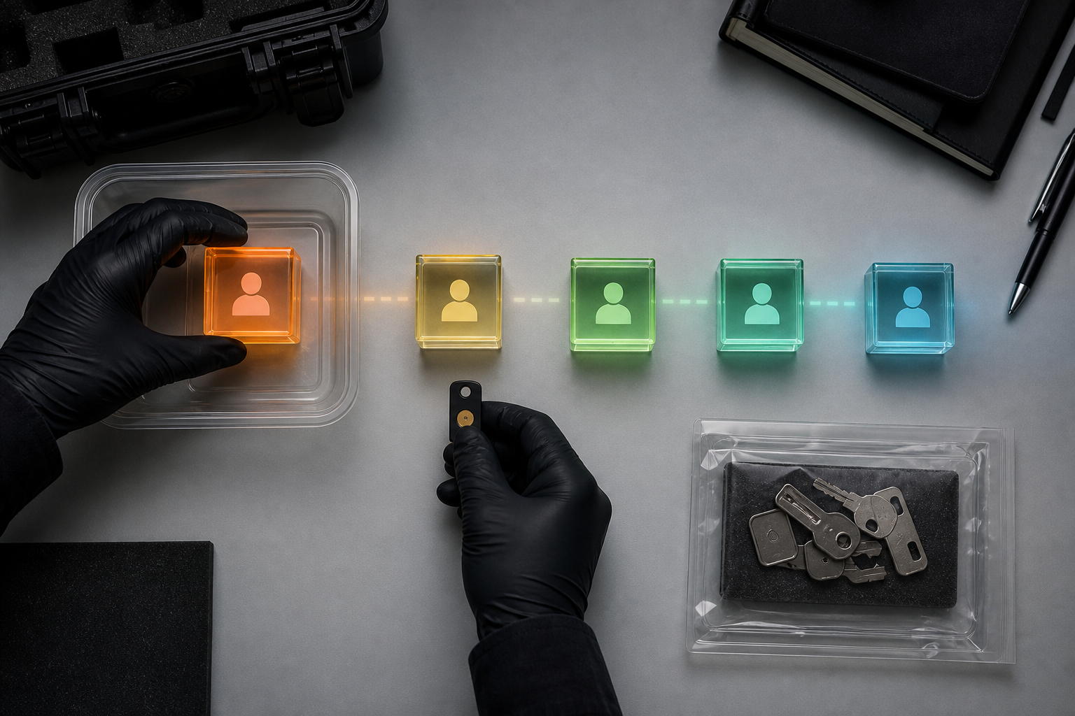 Gloved hands isolate account modules and secure identity tokens in a staged incident-response workspace.