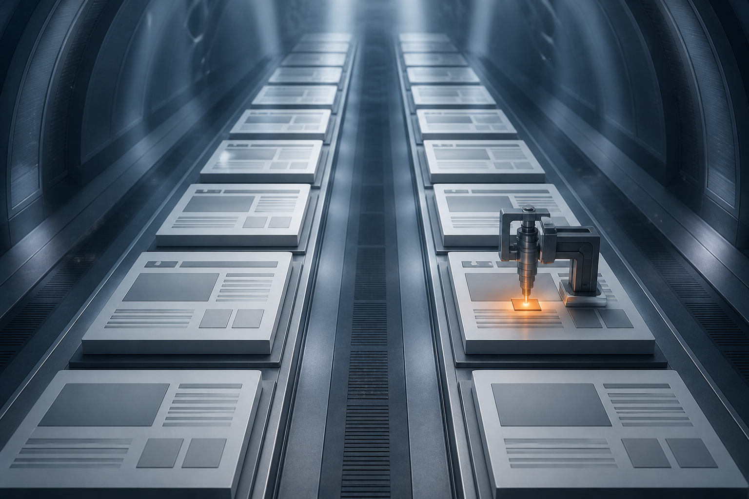 Two matched rows of abstract web-page modules travel through the same environment, while a precision device changes one component in only one row.