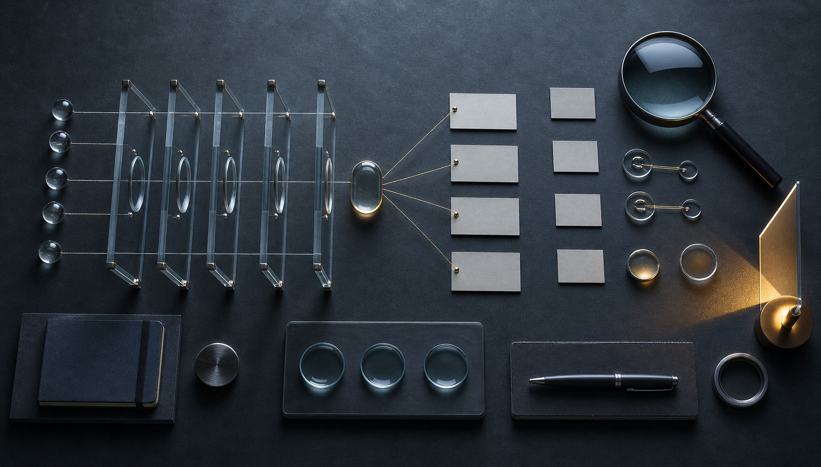 An overhead audit workspace shows question tokens being traced through an answer to connected and omitted source cards.