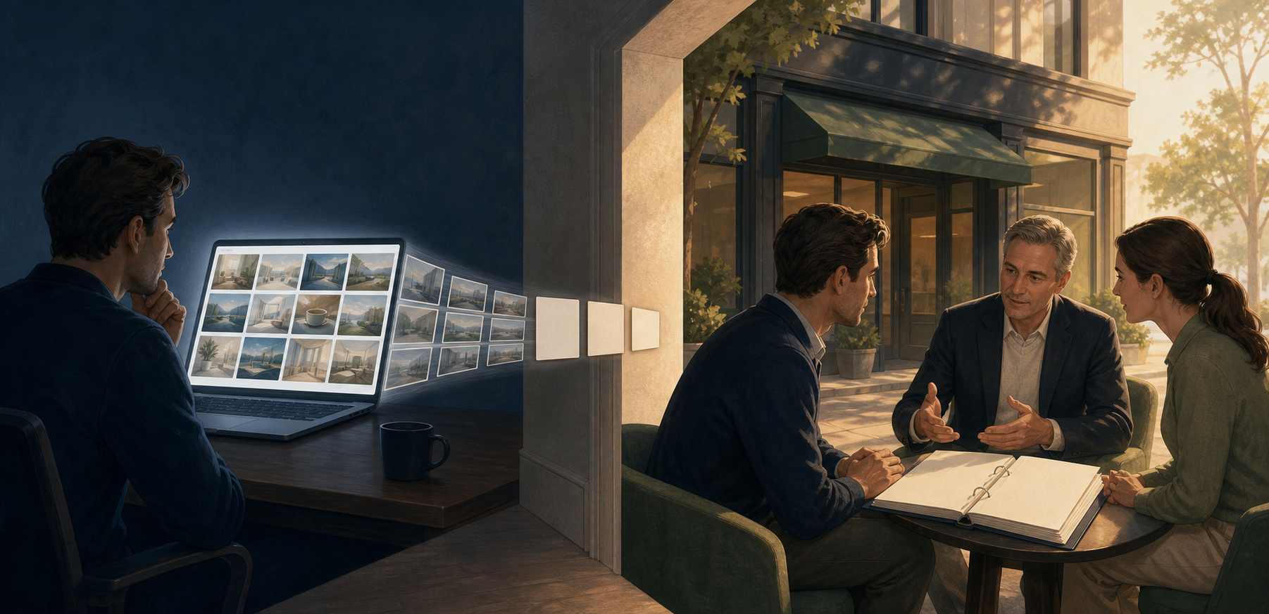 A buyer moves from browsing generic franchise listings on a laptop to inspecting a storefront and reviewing records with an adviser.