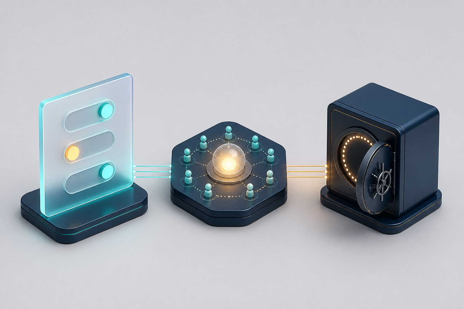 Three separate connected modules depict a privacy control panel, an audience analytics node, and an advertising-data gateway.