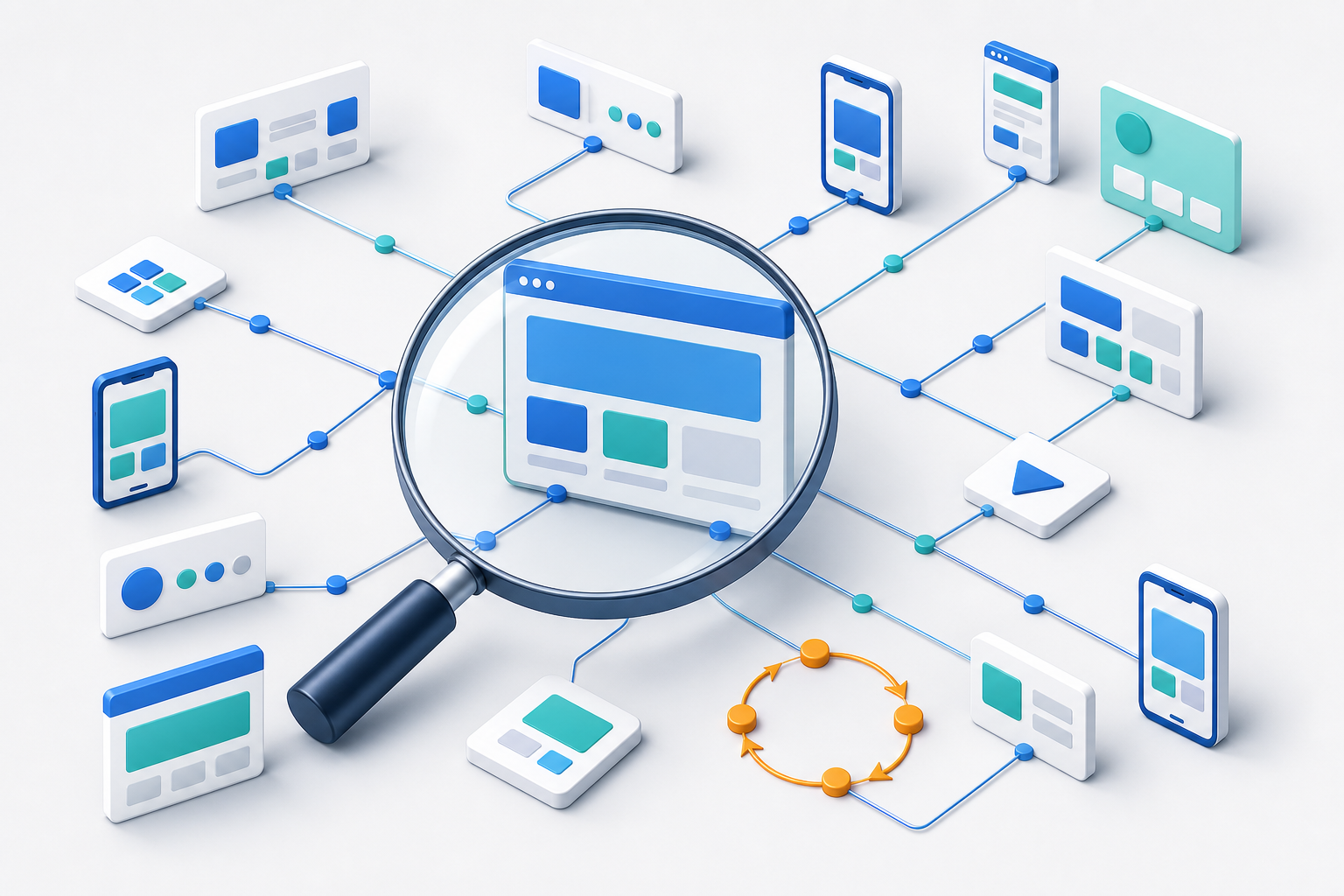 A magnifying glass examines multiple routes into a generic website, including one route that loops back on itself.