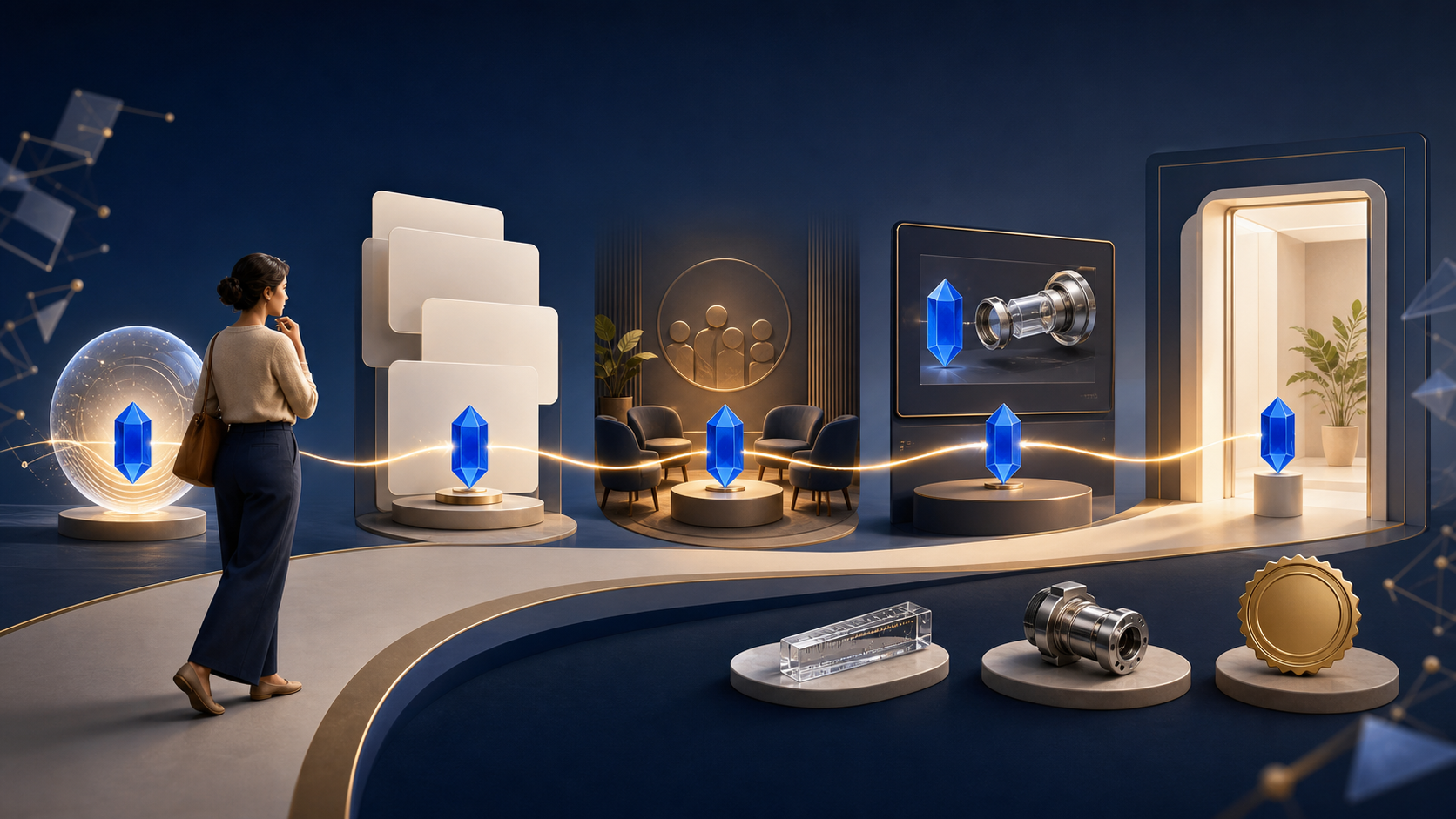A customer follows a connected path through an AI assistant, search results, a community discussion, a video demonstration, and a website, with the same blue prism and supporting evidence appearing at every stop.