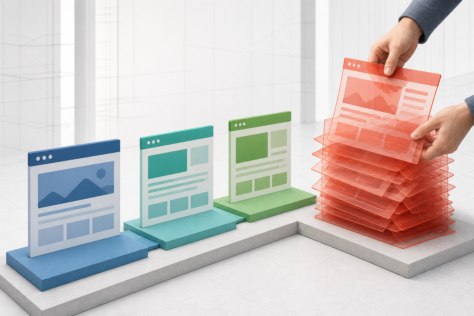 Hands remove duplicate page layers from a tangled browser-history stack, leaving a clear sequence back to the original page.