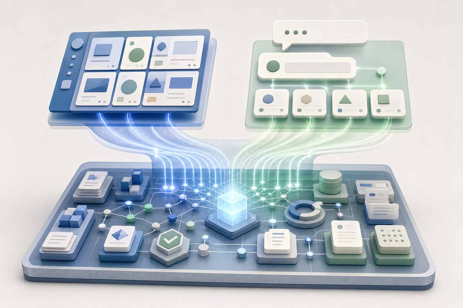A shared foundation of connected content and evidence supports both an abstract conventional search interface and an abstract conversational AI interface.