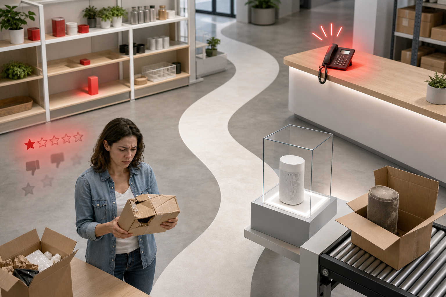 Four connected scenes show inconsistent products, an unattended service counter, a customer with a damaged parcel, and a gap between a polished display and the item delivered.