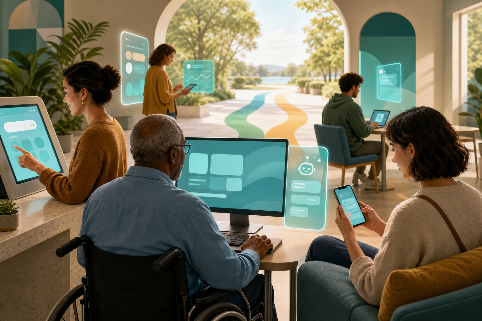 People choose between a conventional search panel and an optional conversational assistant while using a range of devices and accessibility methods.