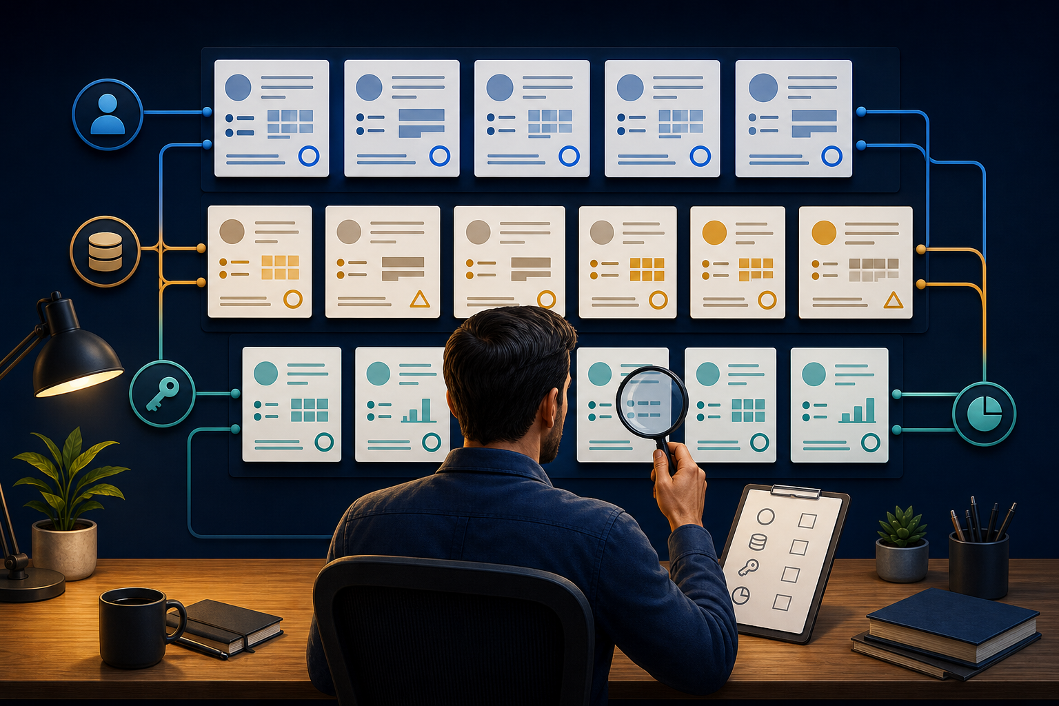 An analyst audits intact report cards by tracing them to owner, data source, access, and usage symbols in an organized workspace.