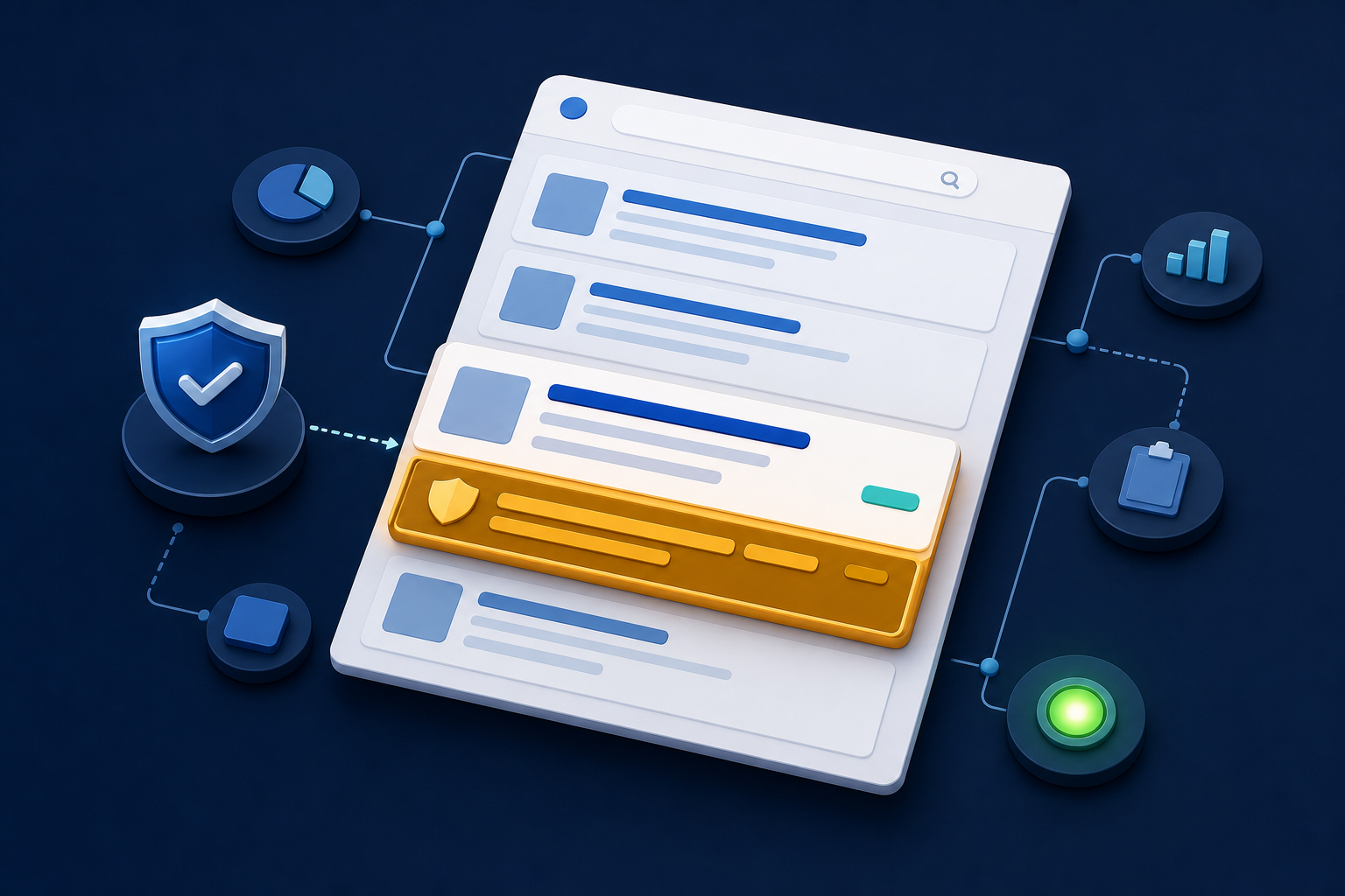 A generic search ad interface with a highlighted disclosure module, a shield-shaped checkpoint, and a green monitoring light.