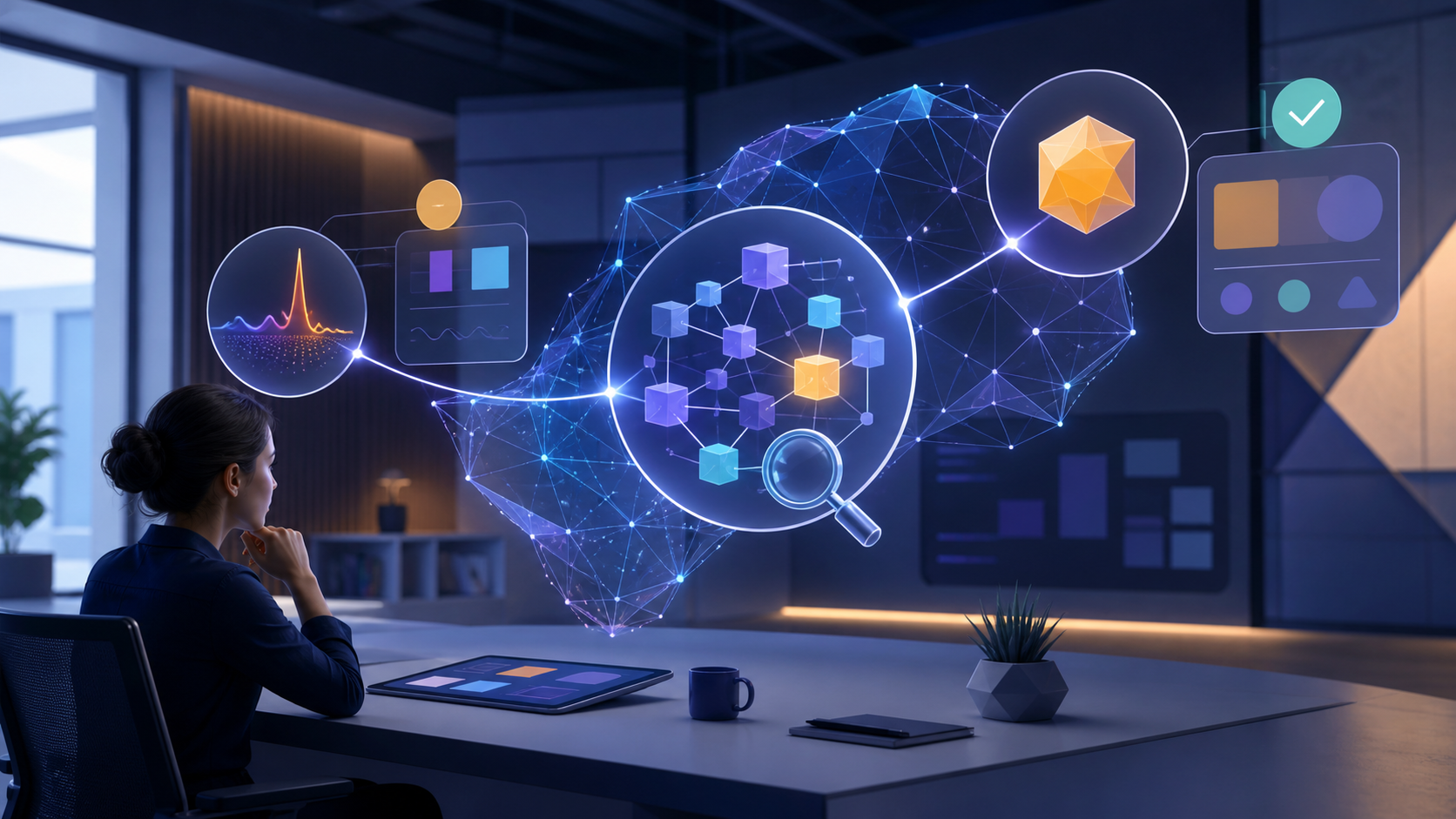 Marketing analyst reviewing abstract campaign signals with a glowing AI system that connects anomaly detection, evidence review, and a decision marker.
