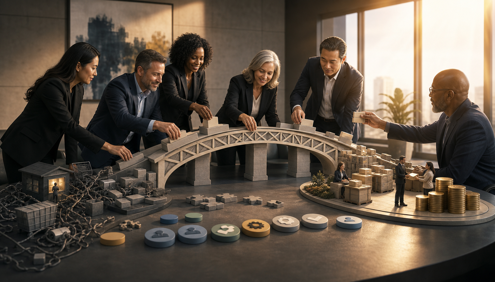 Executives in a boardroom assemble a model bridge connecting tangled operations and inconsistent products to orderly inventory, better service, returning customers, and stacks of coins.