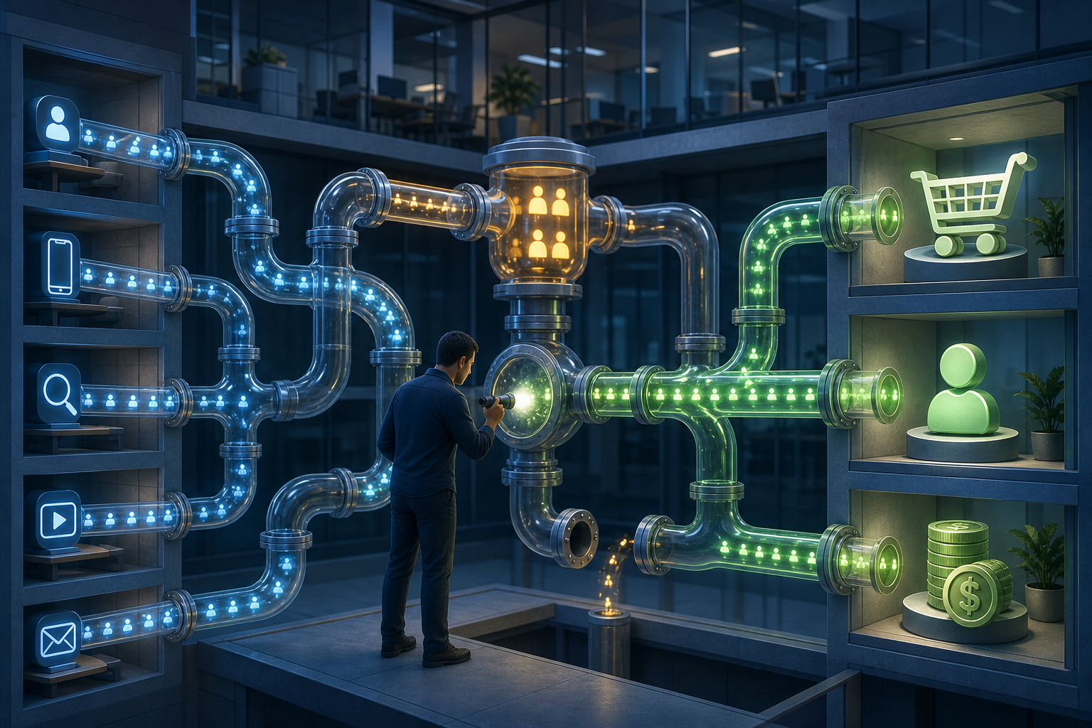 An analyst inspects transparent data pathways carrying ad interactions through validation chambers to purchase and revenue symbols.