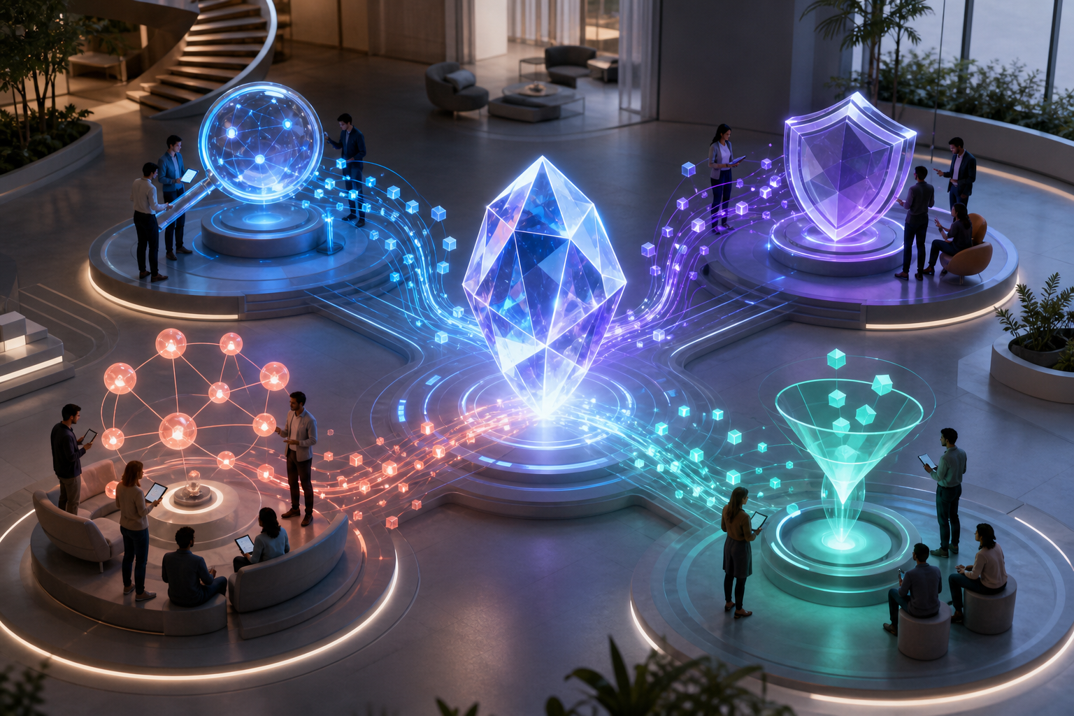 A team works around a glowing central knowledge core connected to four coordinated marketing work areas.