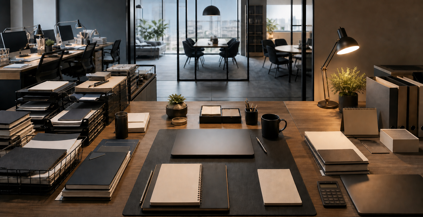 A continuous desk scene presents agency workstations, an in-house business setting, and an independent consultant's studio as three distinct employment environments.