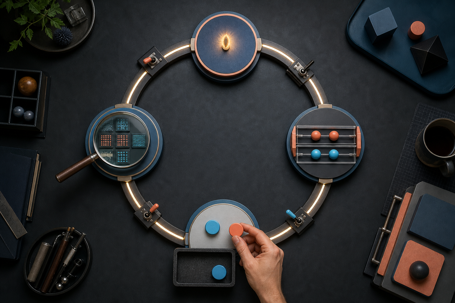 A circular tabletop system connects idea, split-test, observation, and decision stations, with a human hand selecting a result token.