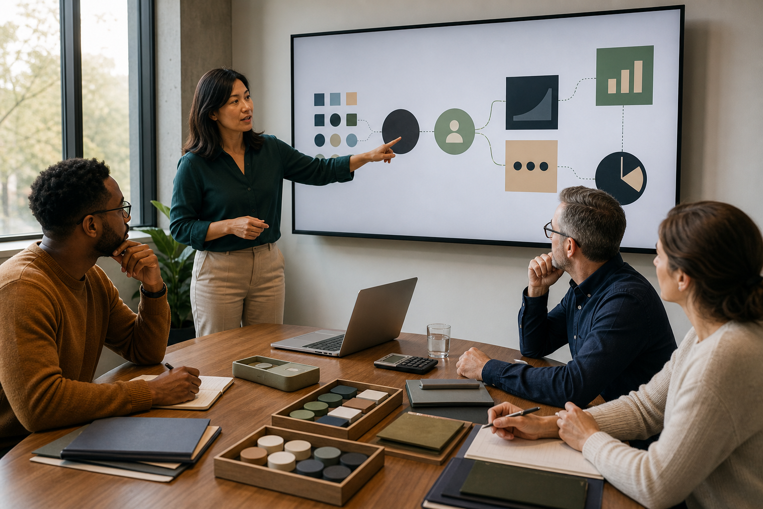 A paid media strategist presents abstract business results to colleagues from finance, sales, and product during a meeting.