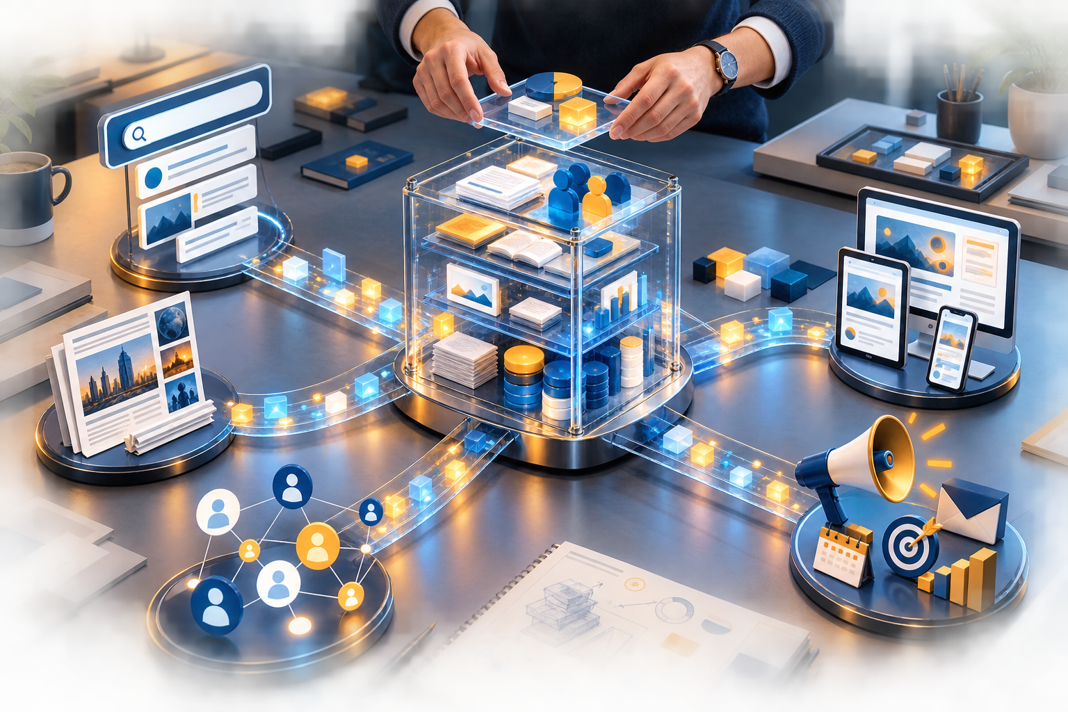 Hands assemble a layered knowledge hub that sends matching information through several distribution channels.