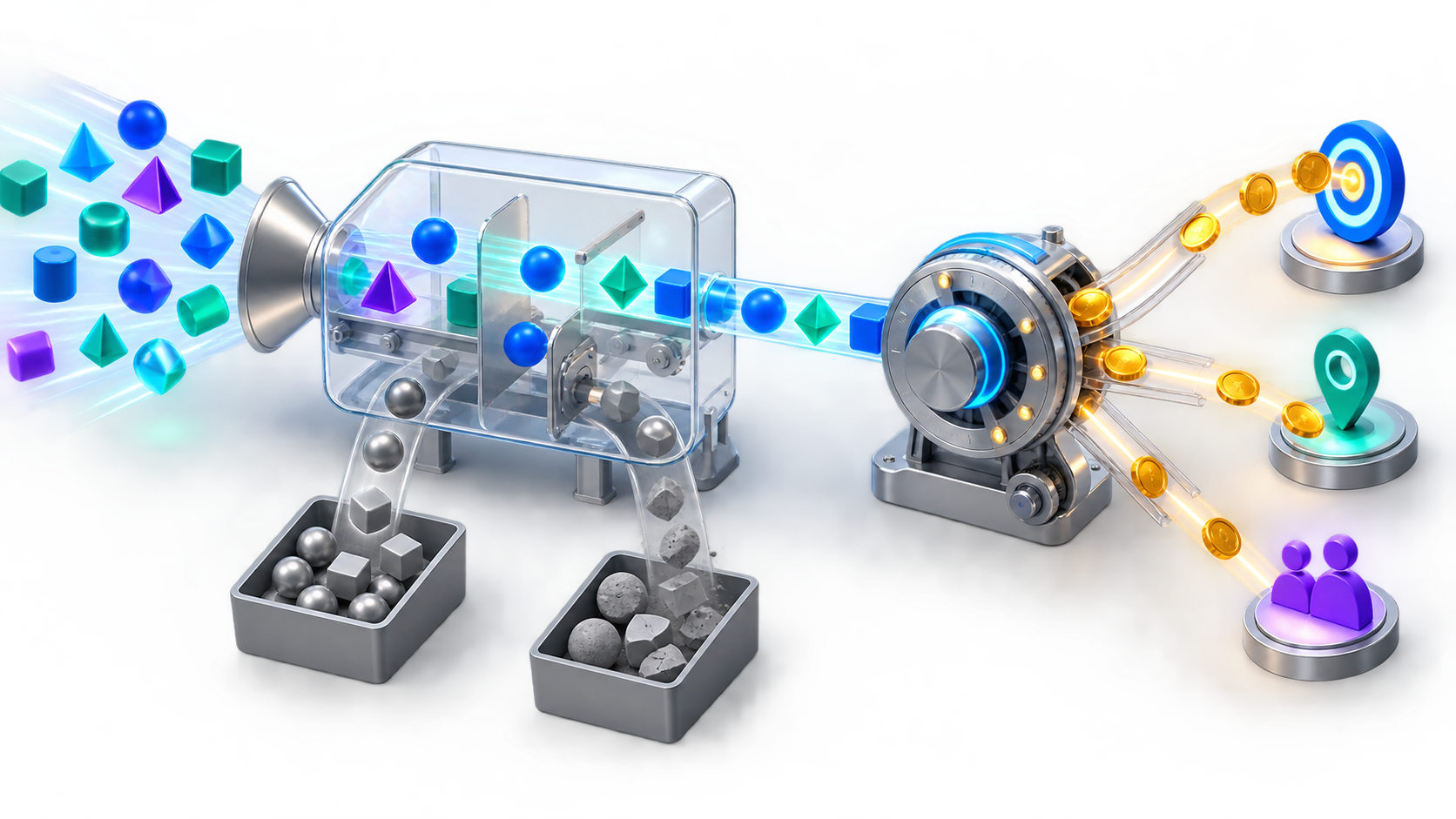 A signal-validation machine removes duplicate and low-value conversion events before verified signals reach an automated bidding mechanism.