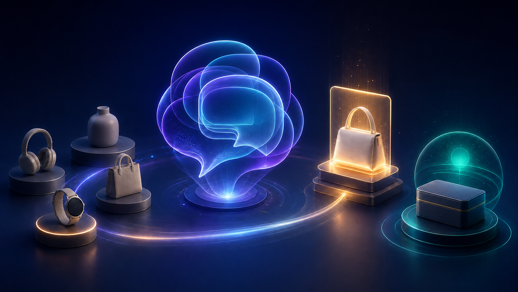 Abstract conversational commerce scene connecting product discovery, sponsored placement, and a completed transaction around a glowing AI conversation portal.
