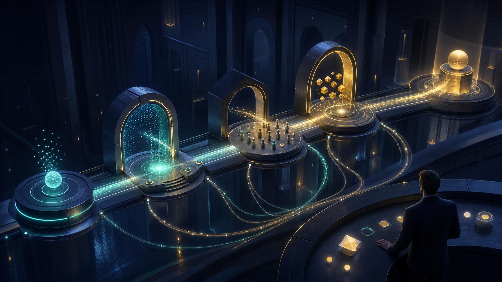 Illuminated gateways form a connected measurement pathway while a strategist monitors signals moving through each stage.