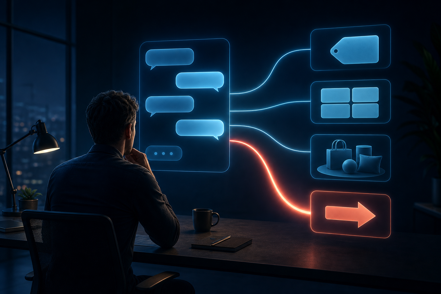 A person faces an abstract AI conversation interface whose final message branches into several glowing decision paths.