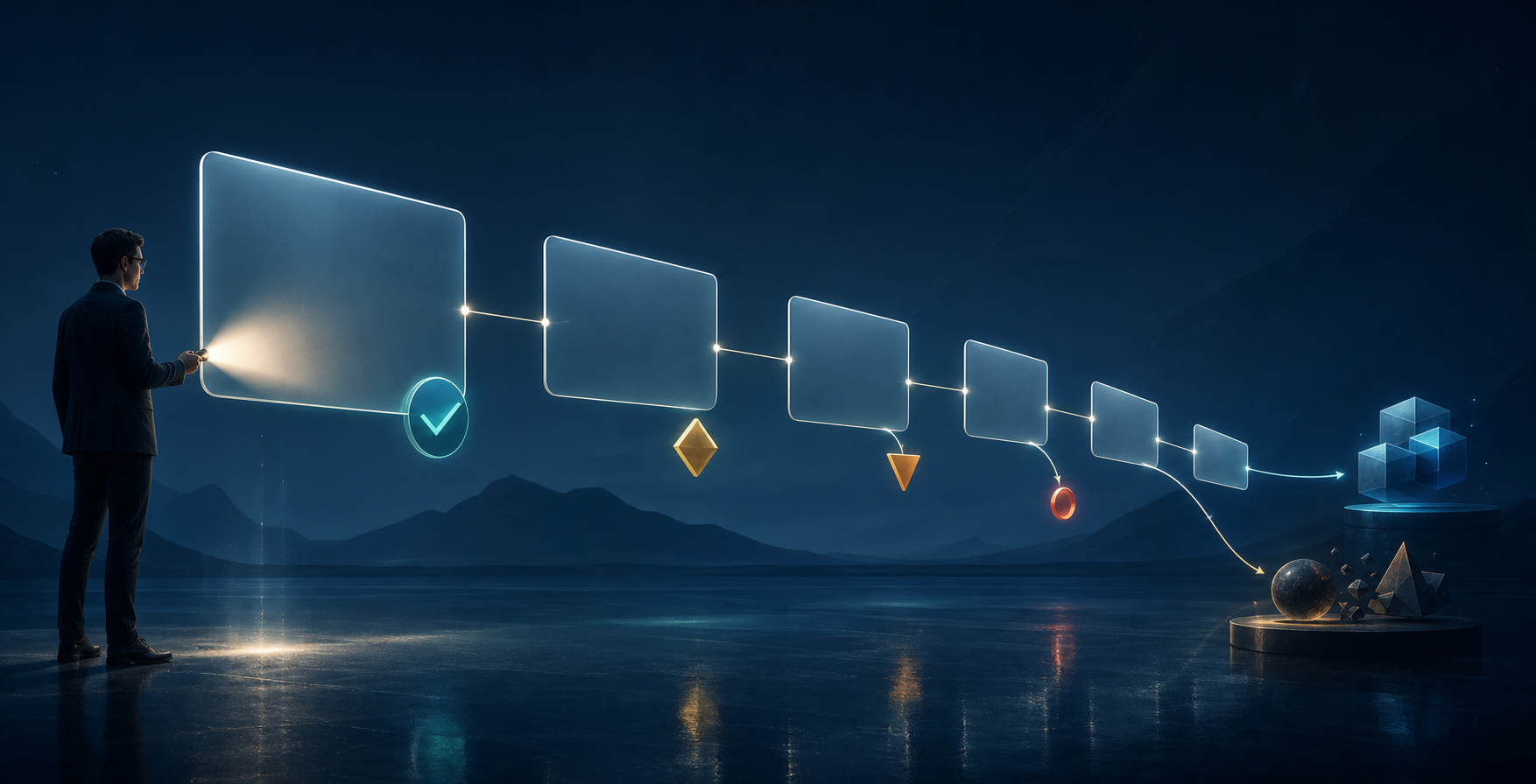 An analyst examines a connected sequence of blank conversation panels that changes direction across several turns.