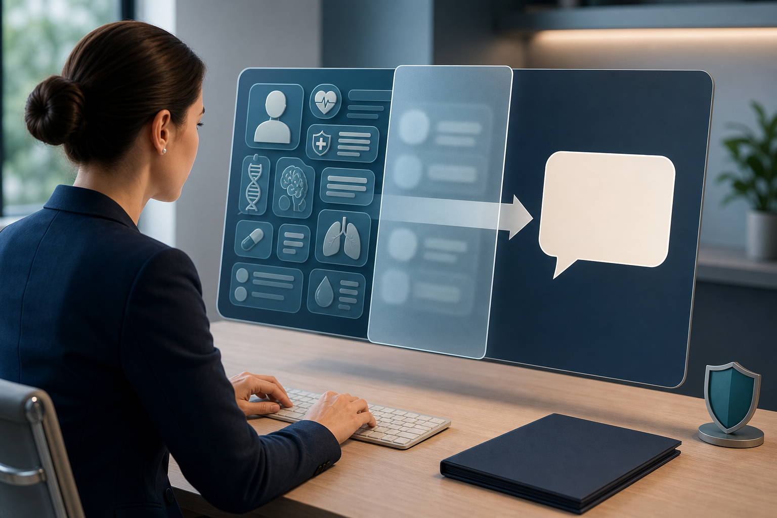 A healthcare staff member prepares a generic public reply as a translucent filter separates private medical details from the response.