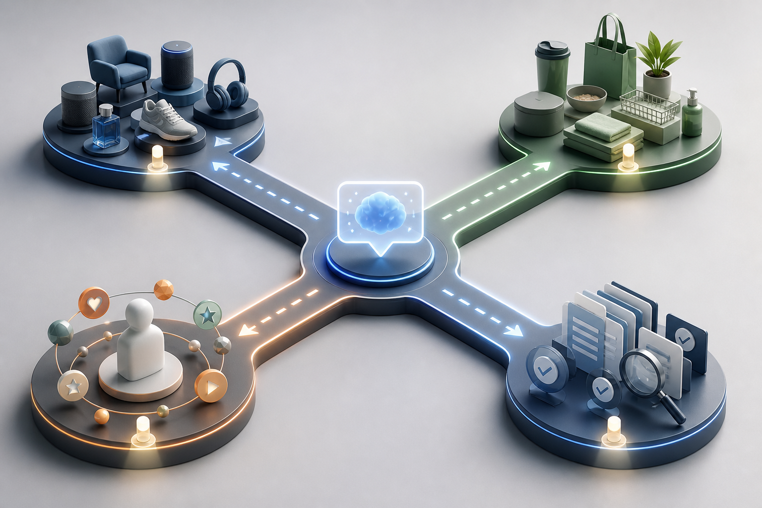 Four visual paths branch from an abstract AI message toward comparison, affordability, personalization, and evidence-related choices.
