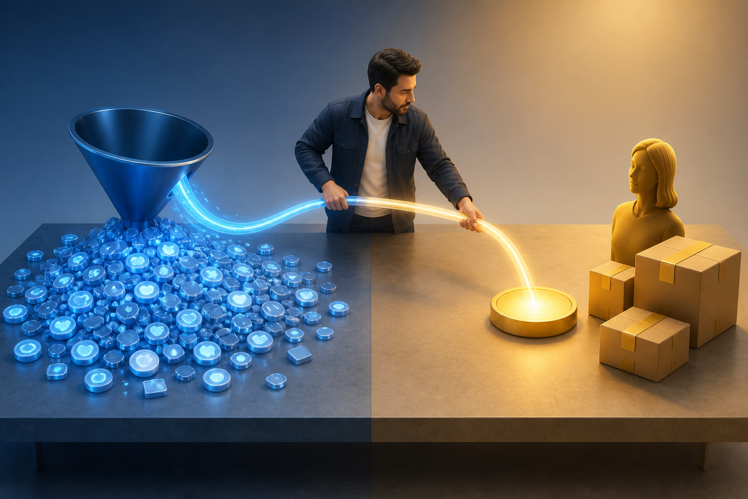 A marketer redirects a conversion signal from a large pile of interaction tokens toward completed orders, payment confirmation, and a qualified customer.