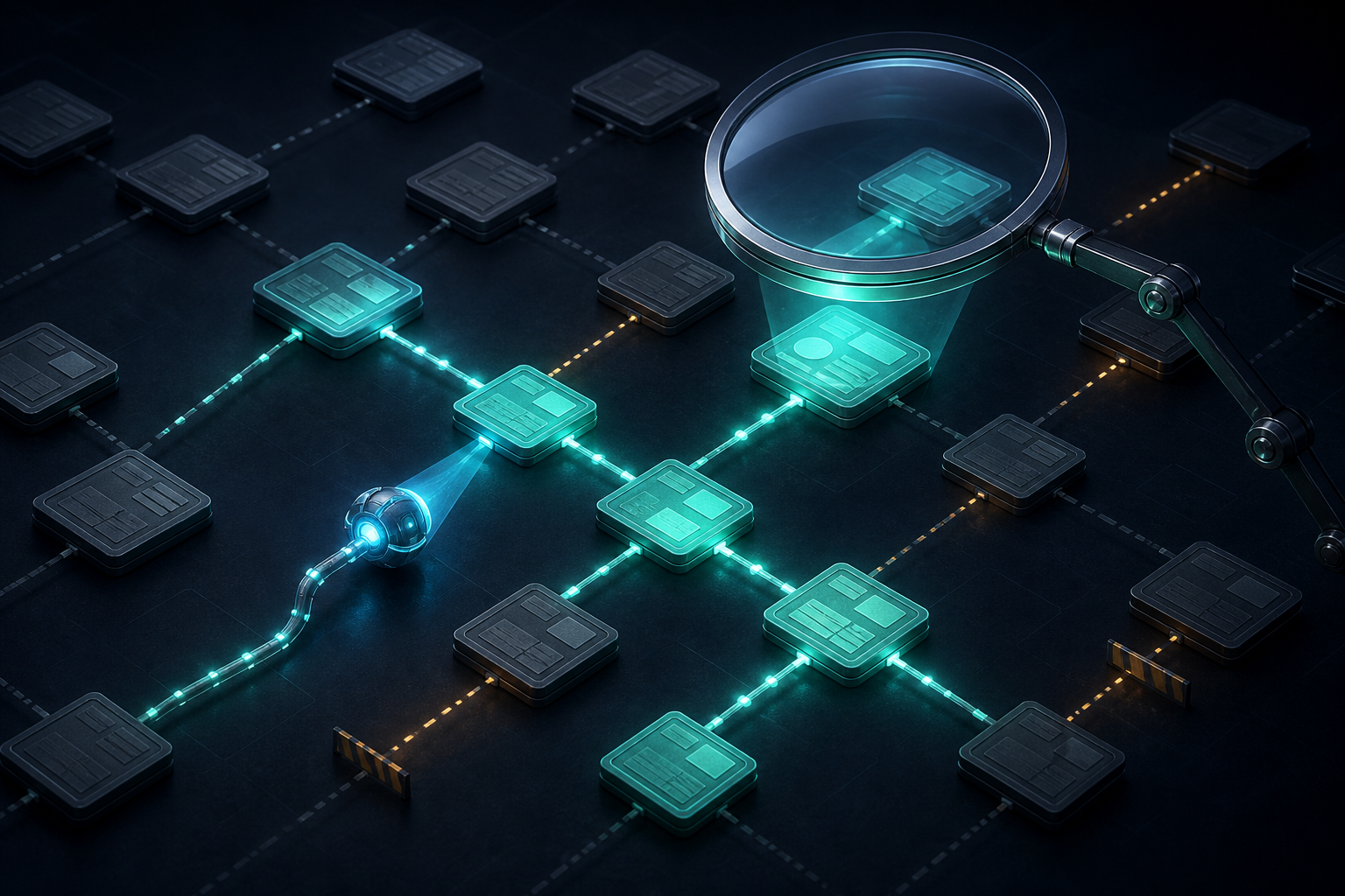 A glowing probe scans a network of web-page tiles, illuminating encountered treated pages while other pages and blocked routes remain dim.