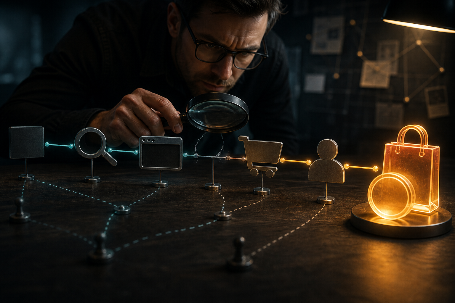 An analyst traces a connected path backward from a completed purchase through checkout, landing page, search, and an advertising tile.